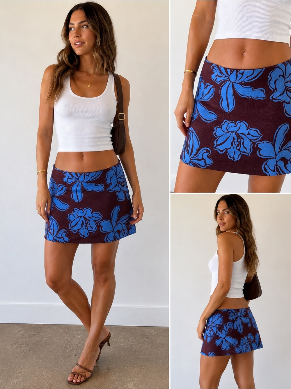 Paper Heart XL Floral Linen Blend Low Rise Mini Skirt Brown Blue NWOT